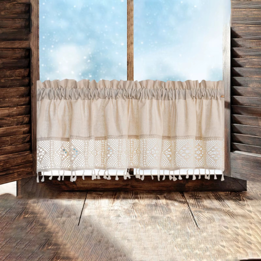 Kesoto Boho Volantvorhänge Vintage im Scheunentor-Stil, Beige, Transparent, mit Stangentasche - Bild 2