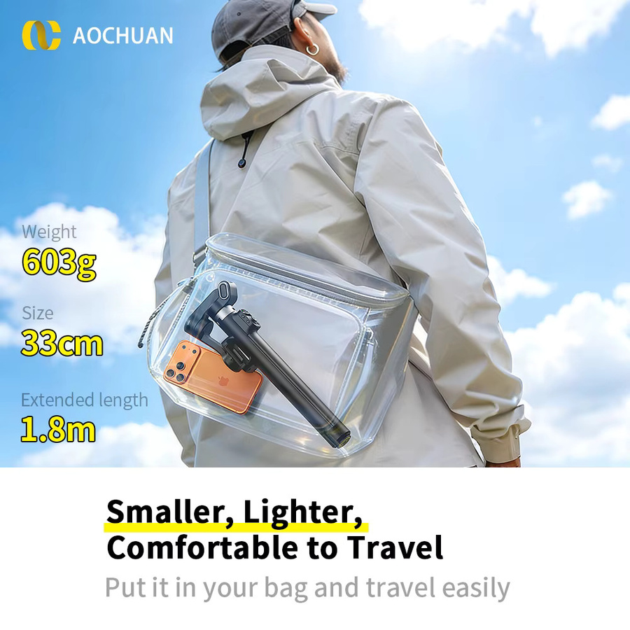 AOCHUAN Smart V3 3-Achsen-Gimbal-Stabilisator in Schwarz mit integrierter Verlängerungsstange, abnehmbarer Fernbedienung, KI-Tracking und Aufhellungslicht für Vlog-Aufnahmen - Bild 5