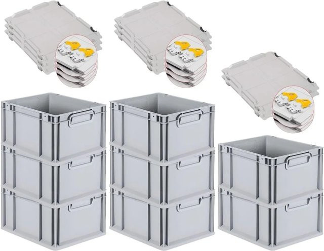 PROREGAL SuperSparSet 8x Eurobox NextGen Grip mit Scharnierdeckel und gelben Schiebeschnappverschlüssen, Grau, H x B x T: 22 x 30 x 40 cm - Bild 1