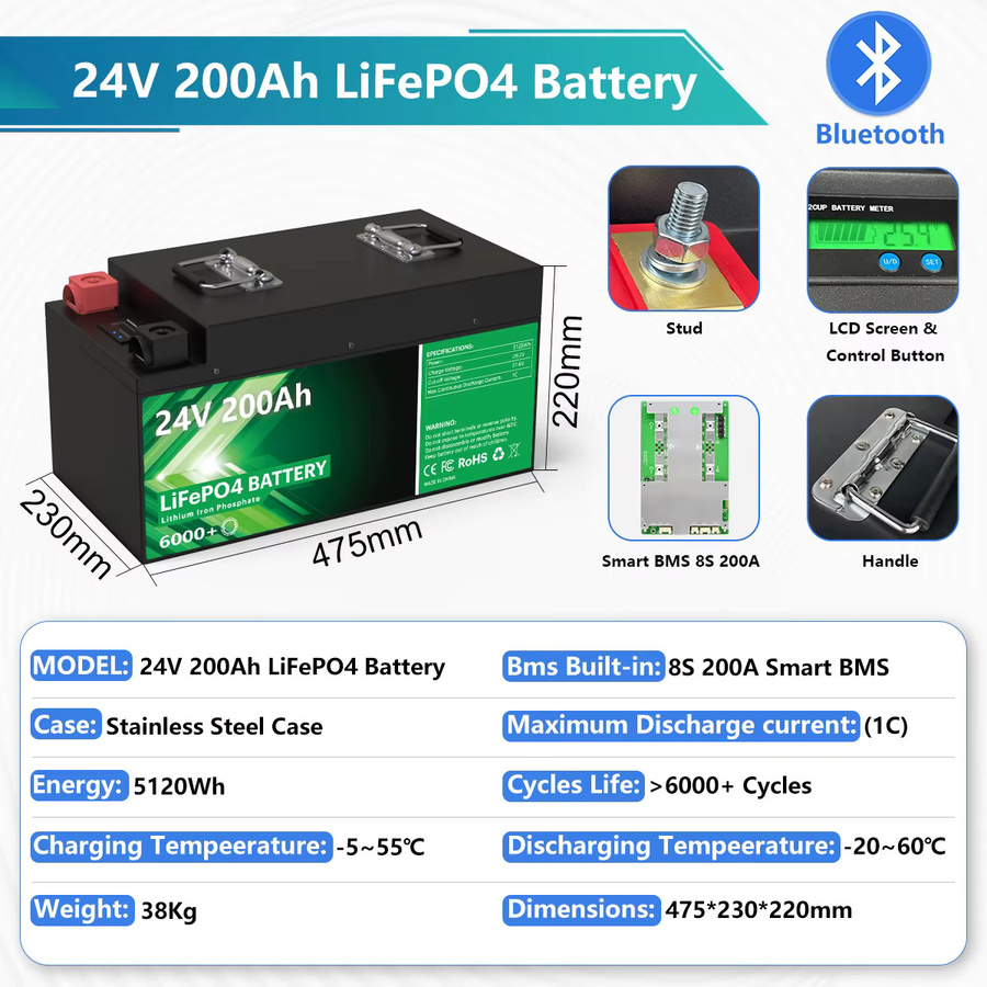 AMZVISION LiFePO4 Lithium-Batterie 24V 200Ah 5,12kWh mit Bluetooth und 200A BMS für Heim-Solarenergie - Bild 2