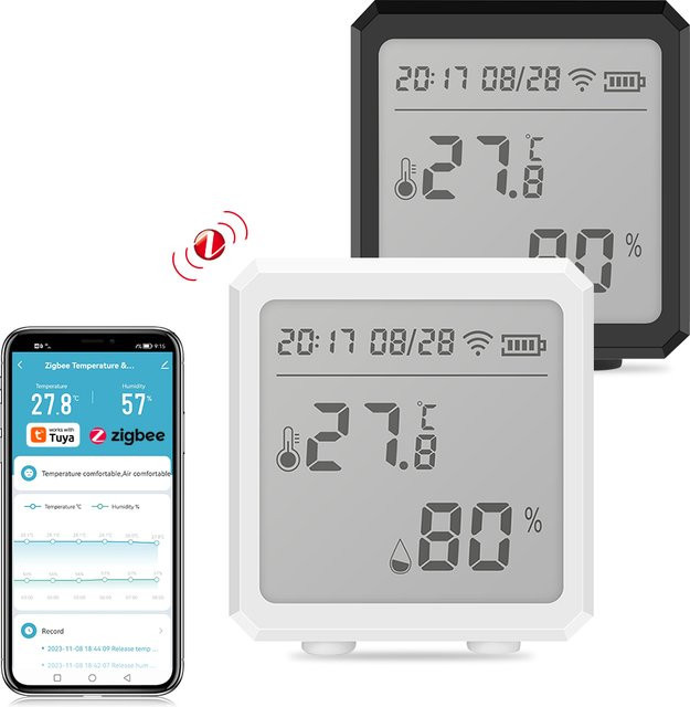 ONENUO Zigbee Temperatur-Feuchtigkeitssensor mit LCD-Display und Tuya-App-Steuerung in Schwarz oder Weiß - Bild 1