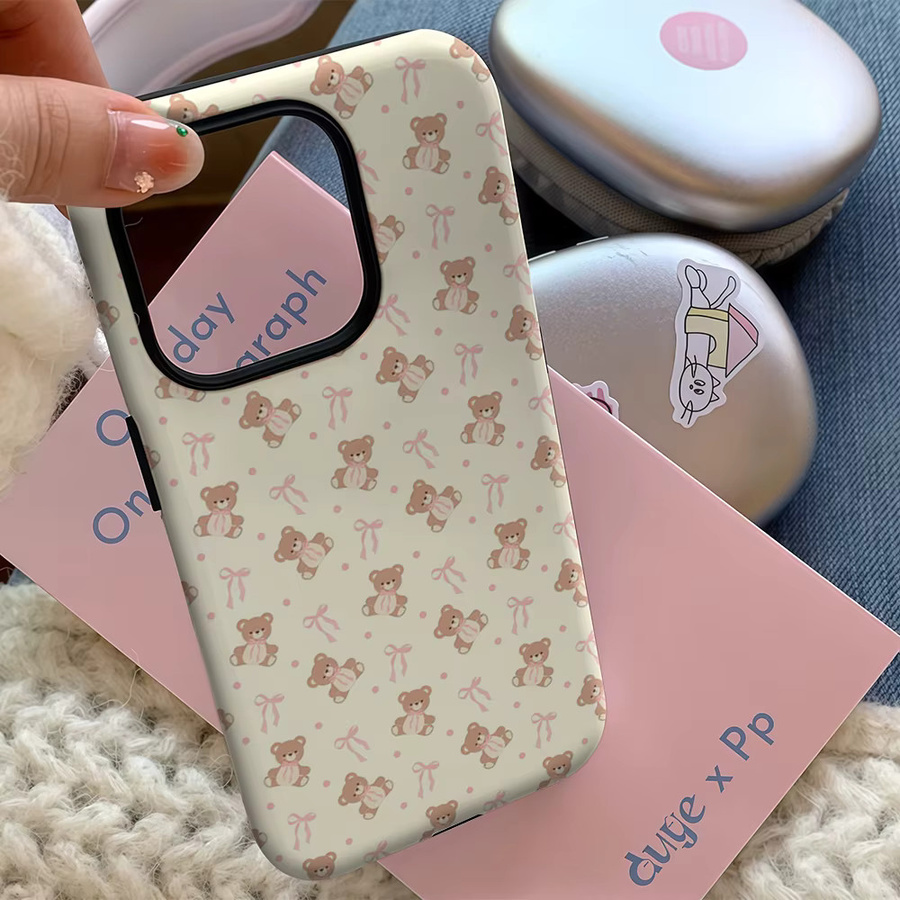 Potdemiel Handyhülle Blush Teddy & Ribbon Pattern für iPhone 17 16 15 14 13 12 Pro Max Plus mit doppelschichtiger Rückseite in Pink - Bild 4