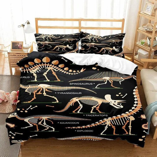 Dinosaurier Skelett Bettwäsche Set aus Mikrofaser für Kinder, 3-teilig, Schwarz, B/H: 140 x 200 cm - Bild 1