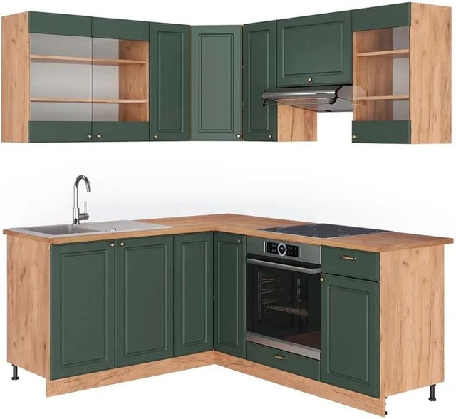 Vicco Fame-Line Eckküche Landhausstil in Grün-Gold und Eiche, B/T/H: 160 x 190 x 82 cm - Bild 1