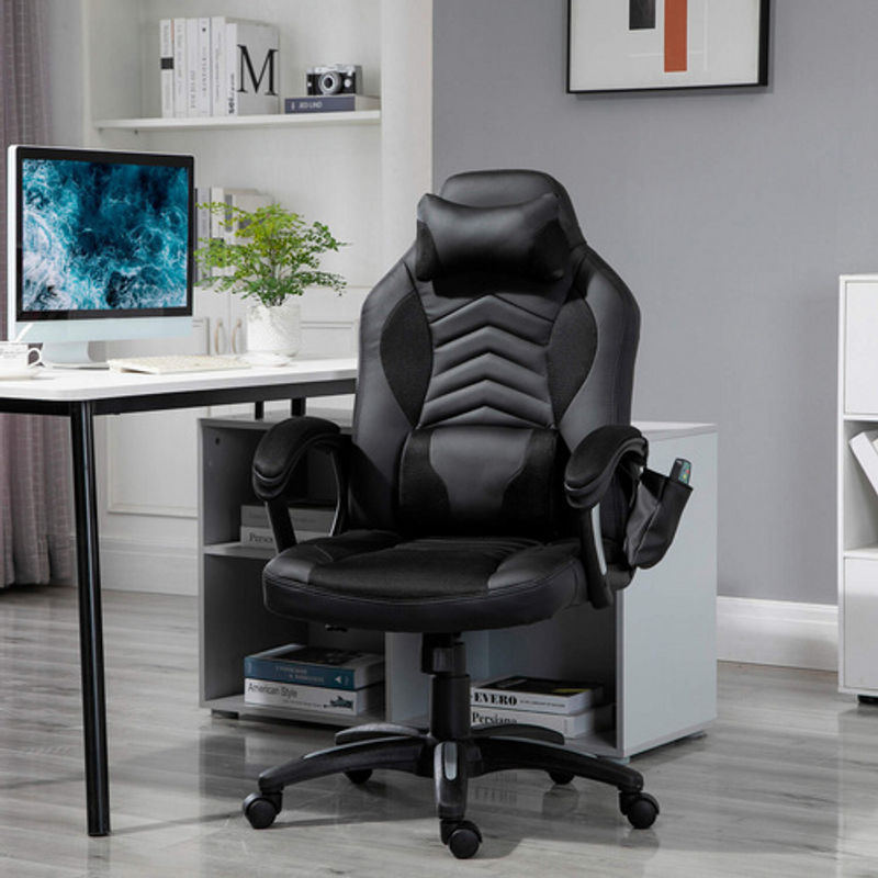HOMCOM Gaming Stuhl in Schwarz aus Kunstleder mit Kopfstütze und 360 Grad Drehsitz, B/T/H: 68 x 49 x 117 cm - Bild 7