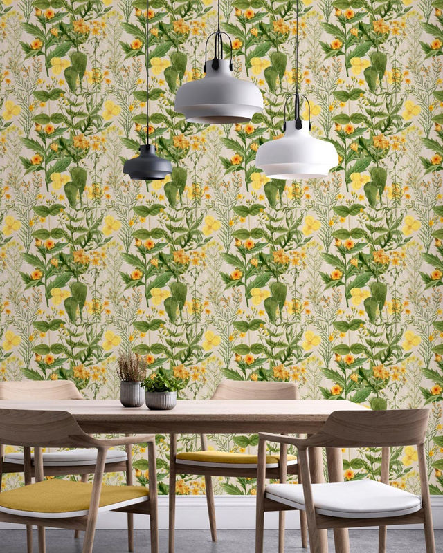 MINDTHEGAP Tapete Mimulus in Grün und Gelb mit floralem Art Nouveau Design aus Vlies - Bild 2