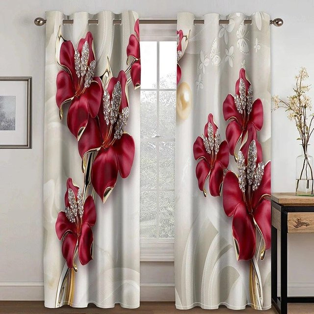 A Family Of Home Textiles Luxus Fenstervorhänge mit 3D Design Rote Rose und Weißer Schwan, 2er Set, halbtransparent, Farben: Rot und Weiß, B: 65 cm, H: 165 cm - Bild 1