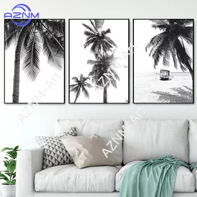 AZNM Leinwandbilder Set Nordische Tropische Palmen in Schwarz-Weiß, Botanische Strand-Poster mit Blättern zur Wanddekoration für dein Wohnzimmer - Bild 1
