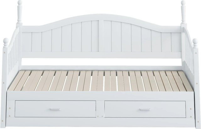 KOMHTOM Ausziehbares Schlafsofa aus Kiefer und MDF in Weiß mit Römischen Säulen, geschwungener Rückenlehne, Armlehnen, Schubladen und Lattenrost - Bild 1