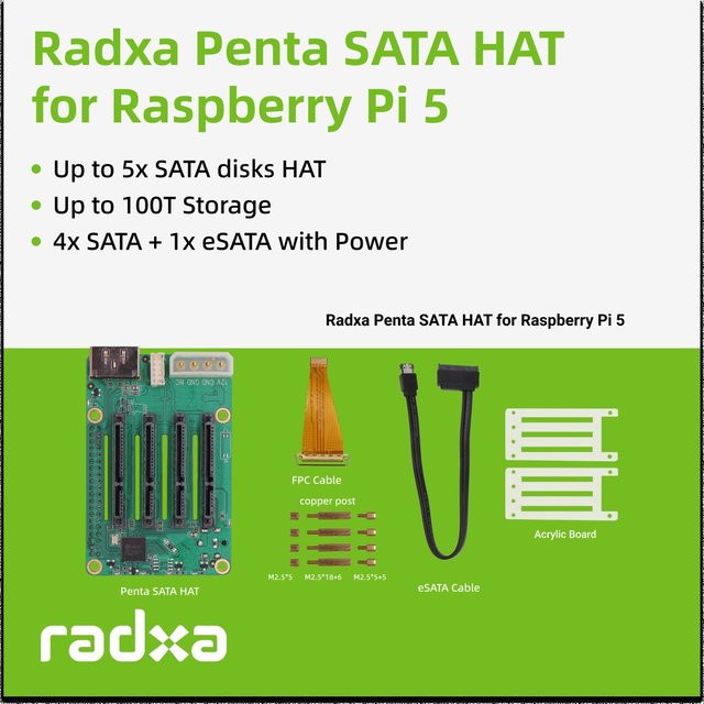 Radxa Penta SATA HAT Erweiterungsmodul für Raspberry Pi 5 und ROCK Pi SBCs in Grün mit 5x SATA-Anschlüssen - Bild 1