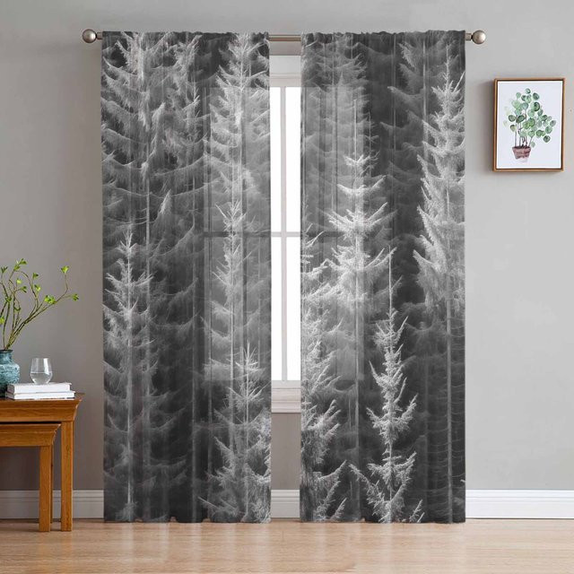 Super Six Chiffon-Fenstervorhang Waldbaum Herbst in Grau, B: 135 cm, H: 114 cm - Bild 1