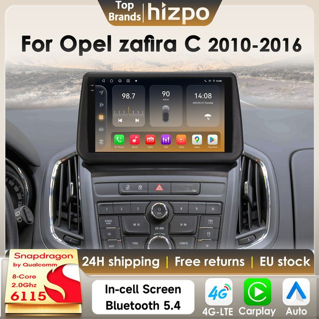 Hizpo Android 14 Autoradio für Opel Zafira C 2010-2016 mit 8 Kernen, Snapdragon 6115, GPS, 4G, Carplay und 360-Grad-Kamera in Schwarz - Bild 1