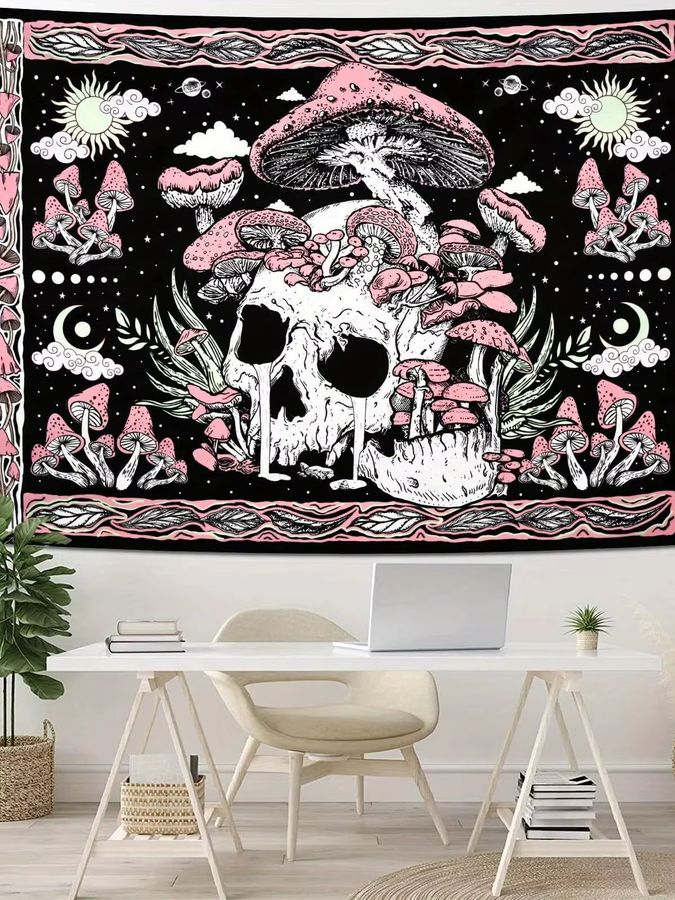VIKAMA Wandbehang Skull Mushroom im American Vintage Stil, Mehrfarbig, Böhmischer Stil für Schlafzimmer und Studio - Bild 3