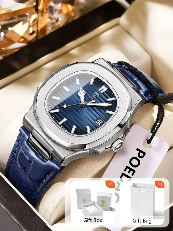 POEDAGAR Armbanduhr, Quarz, Edelstahl, Leder, Blau, Herren - Bild 7