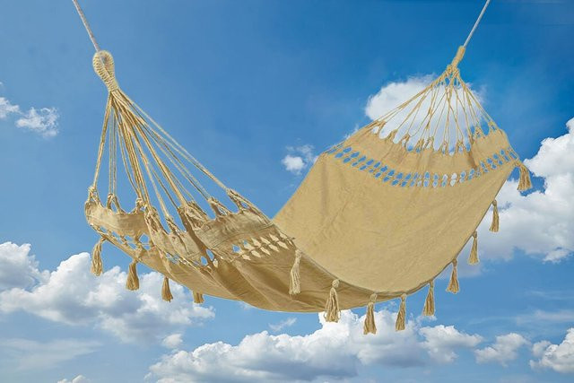 Boho Hängematte Ibiza mit Fransen in Beige und Braun aus Baumwolle und Polyester, Breite: 100 cm, Länge: 180 cm - Bild 1