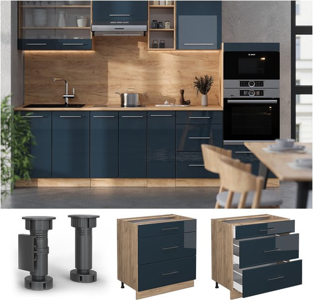 Vicco Küchenunterschrank Fame-Line mit 3 Schubladen in Dunkelblau Hochglanz und Eiche mit weißer Marmor Arbeitsplatte, Breite: 80 cm - Bild 1