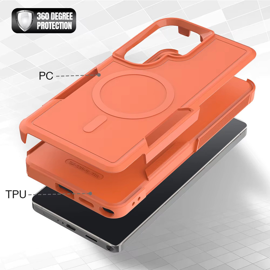 Stoßfeste Armor Schutzhülle mit Dual Layer PC und TPU sowie Magnetfunktion für Samsung S26 Ultra, S25 Edge und S24 Plus FE in Schwarz und Orange - Bild 2