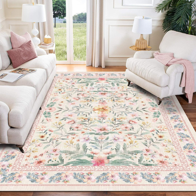 Moderner floraler Teppich Pariser Garten in Grün und Multicolour, rutschfeste und waschbare Bodenmatte für dein Wohnzimmer - Bild 1