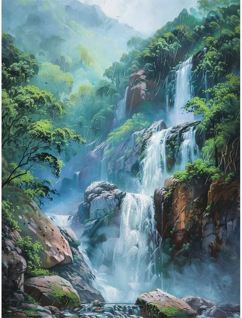 Sdoyuno Diamantmalerei Wald Wasserfall Landschaft als Mosaik-Bild mit Strass-Stickerei, Mehrfarbig, B/H: 30 x 20 cm - Bild 1