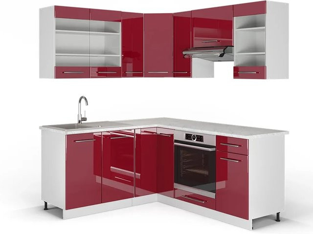 Vicco Fame-Line Eckküche in Bordeaux Hochglanz und Weiß mit Marmor-Optik, B/T/H: 160 x 190 cm - Bild 1