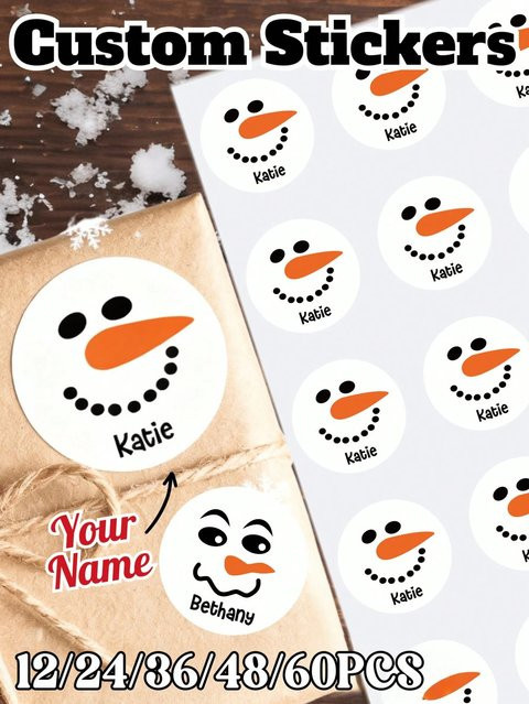 Personalisierte Schneemann Weihnachtsaufkleber mit individuellem Namen für Geschenketiketten und Umschläge, B/H: 5 x 4 x 3 cm, Mehrfarbig - Bild 1