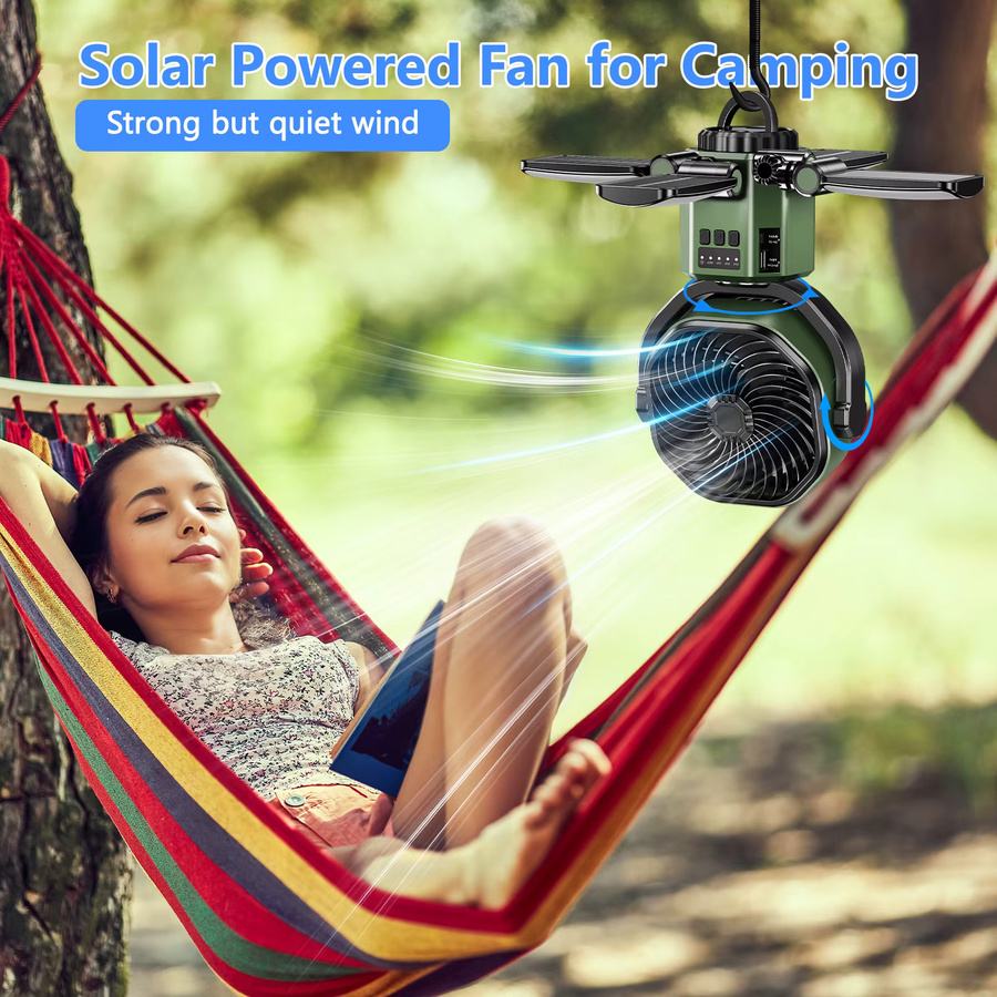 Eary Solarbetriebener Ventilator mit LED-Licht und 6000 mAh Akku in Grün für Camping und Outdoor - Bild 6
