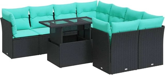 vidaXL 9-teilige Garten-Sofagarnitur in L-Form aus schwarzem Poly-Rattan mit Kissen und Stauraum - Bild 1