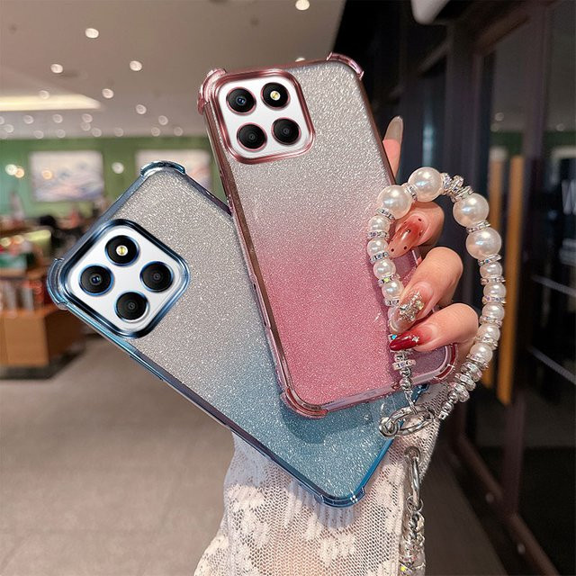 Luxuriöse TPU-Handyhülle mit Gradient Glitter und Perlenketten-Handschlaufen für Huawei Honor X5B Plus in Pink - Bild 1