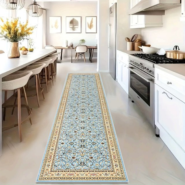 VIKAMA Vintage Blumen-Flurläufer Blau & Gold mit orientalischem Muster, rutschfester Teppich für Flur und Küche, Breite: 120 cm - Bild 1