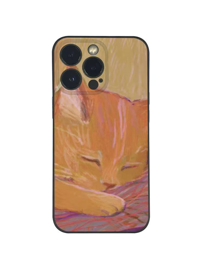 Handyhülle mit schlafender orangefarbener Katze im koreanischen Stil für iPhone 11 bis 17 Pro Max Plus Mini, Schwarz Matt Soft Shell - Bild 6