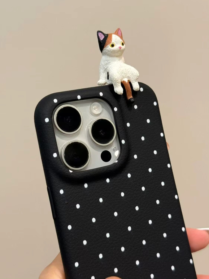 Luxus 3D Cat Polka Dot Leder Handyhülle für iPhone 11 bis iPhone 17 Pro Max in Pink - Bild 3