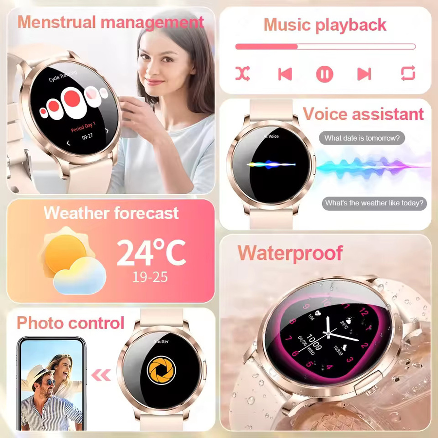 GUHUAVMI NFC Damen Smartwatch mit 1,32 Zoll Full-HD-Touchscreen, Blutdruckmessung und IP69K Wasserdichtigkeit, ultradünn in Schwarz und Gold - Bild 4