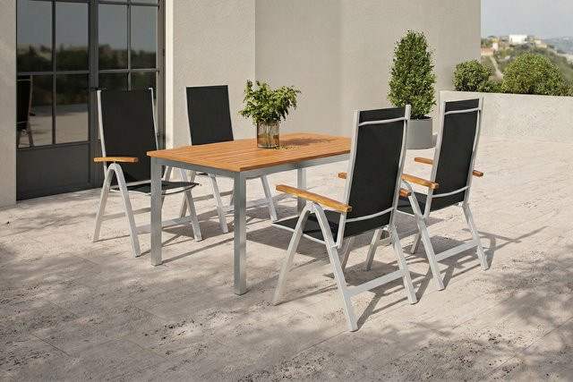 Villana Garten-Essgruppe aus Aluminium und Eukalyptus in Silber/Natural mit 4 Sitzplätzen, B/T/H: 150 x 90 x 74 cm - Bild 1