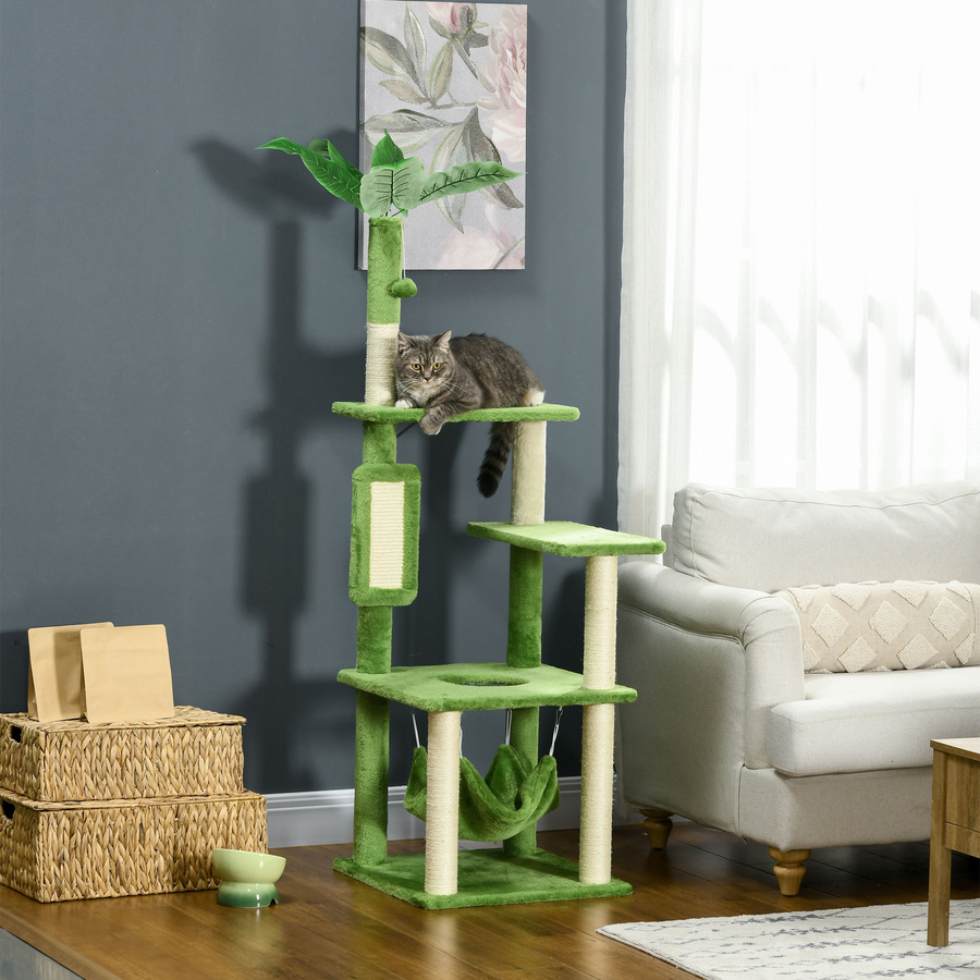 PawHut Kratzbaum für Katzen in Grün und Beige mit Hängematte, Höhle, integriertem Spielzeug und Sisalkratzstamm, Höhe: 142 cm - Bild 2