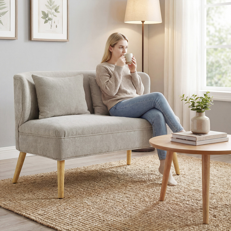 HOMCOM 2-Sitzer Polstersofa mit Flügelrücken und 2 Wurfkissen, modernes Doppelsofa mit Holzbeinen für kleine Räume, Beige, Breite: 117 cm - Bild 2