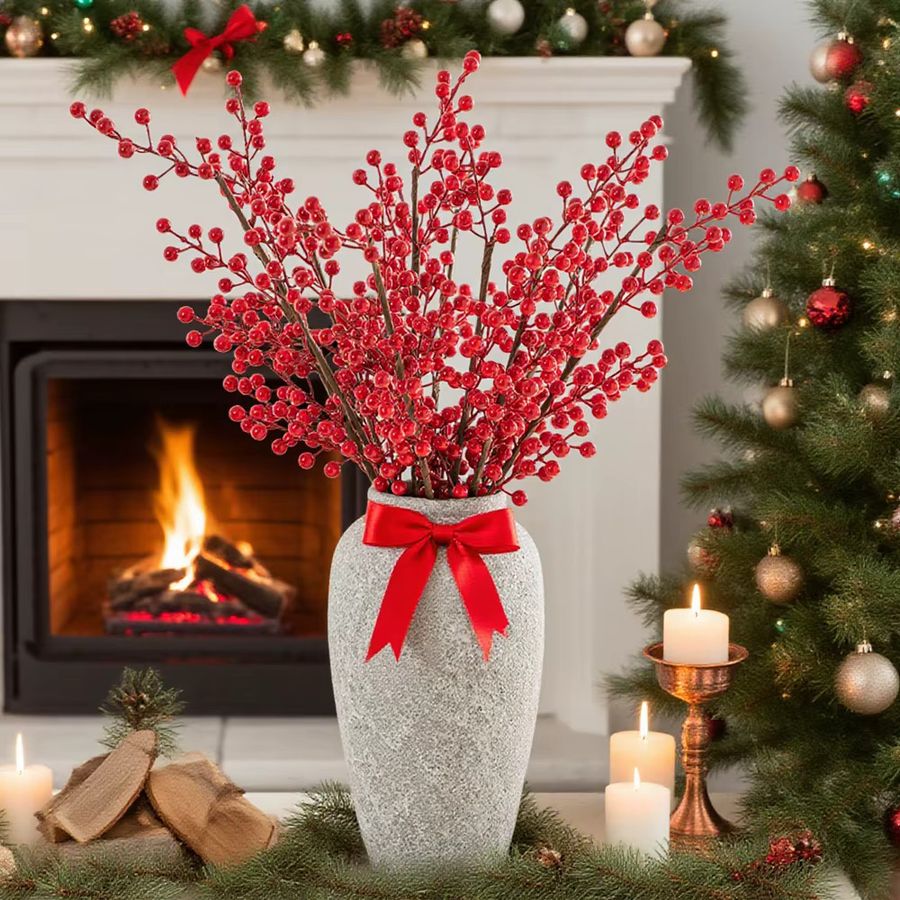 smr Künstliche Holly Pflanze mit roten Beeren für Weihnachtsdekoration und Tischgestecke, 2 oder 4 Stück - Bild 2