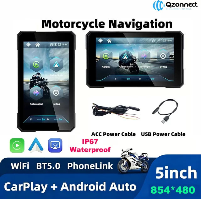 Qzonnect 5,0-Zoll Motorrad CarPlay Bildschirm in Schwarz mit kabellosem Android Auto und drehbarer Halterung für Quer- und Hochformat - Bild 1