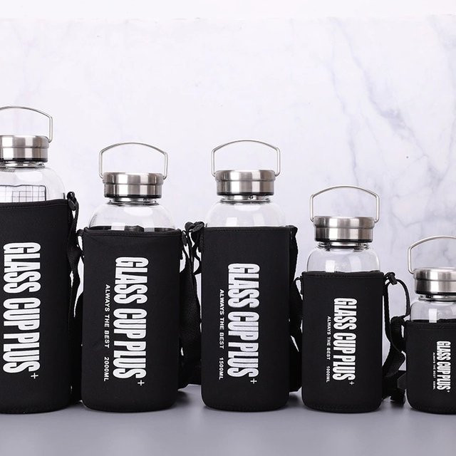 AIWILL Tragbare Borosilikat-Glasflasche mit Tee-Ei für Outdoor und Reise, Schwarz, Transparent, 600 ml / 1000 ml / 1500 ml / 2000 ml - Bild 1