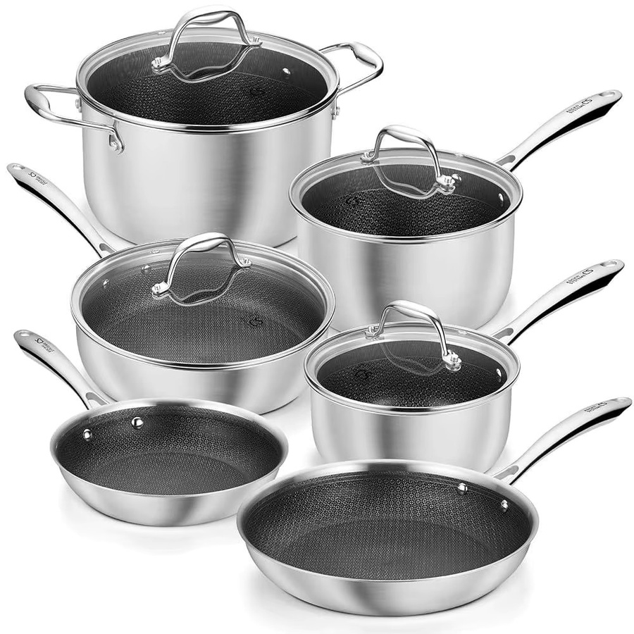 Koch Systeme CS 10-teiliges Kochgeschirr-Set aus dreilagigem Edelstahl in Silber mit antihaftbeschichteter Pfanne und Saucenpfanne sowie Wabenstruktur-Innenseite - Bild 1