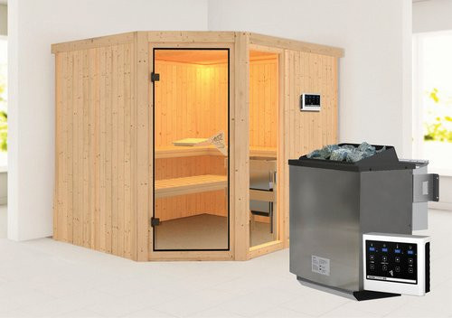 Karibu Sauna Paide 3 Bio-Kombi-Sauna aus Fichte in Beige für 4 Personen inklusive 9 kW Saunaofen mit externer Steuerung B/T/H: 231 x 196 x 198 cm - Bild 1