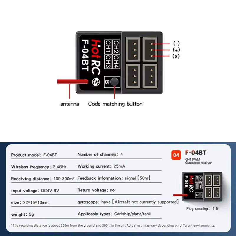 HOTRC F-04BT 2,4GHz 4CH PWM-Empfänger mit Gyroskop, Mini-RX, 1/2/4 Stück - Bild 3