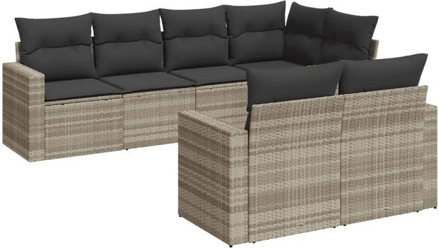 vidaXL 7-tlg Garten-Sofagarnitur in L-Form aus Polyrattan mit Kissen in Hellgrau - Bild 1