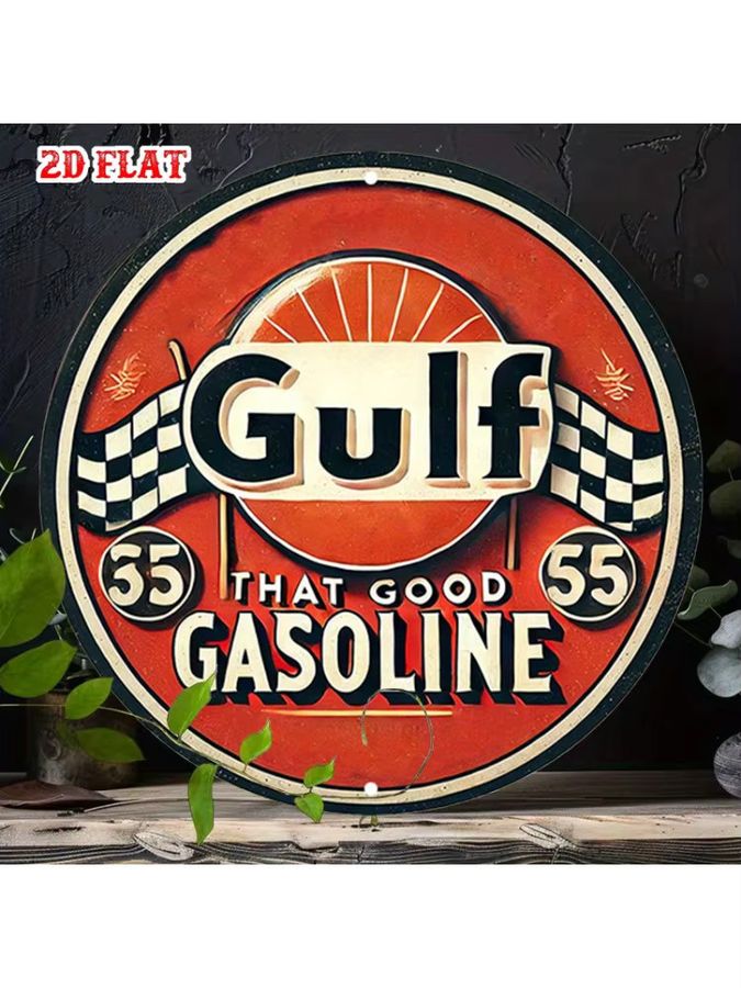 Vintage Gulf 55 Benzin Metallschild aus Aluminium mit kariertem Flaggen-Design, rund, Multicolor, Durchmesser: 20 cm - Bild 7