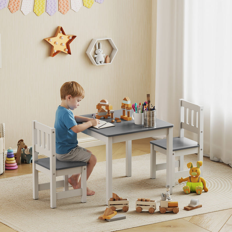 AIYAPLAY Kindersitzgruppe aus Kiefernholz mit Tisch und 2 Stühlen, 3-teiliges Kindermöbel-Set für Kinderzimmer und Kindergärten, Grau, B/T/H: 56 x 52 x 48 cm - Bild 2