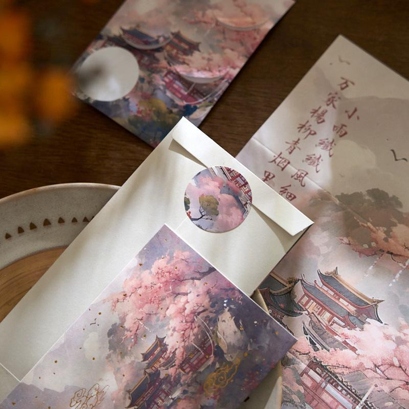 Yiran Furniture Briefpapier Set mit Blumenmuster und runden Siegelaufklebern in Rosa und Gold - Bild 2