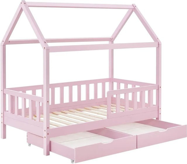 Juskys Kinderbett Marli Hausbett aus Kiefernholz mit Bettkasten und Gitter in Pink, B/T/H: 160 x 80 x 125 cm - Bild 1