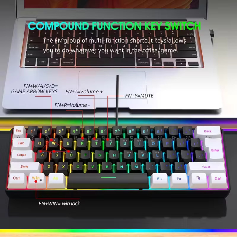 HXSJ Gaming-Tastatur und Maus Set, 60 % RGB Membrantastatur mit 61 Tasten und optische Maus, Schwarz - Bild 3