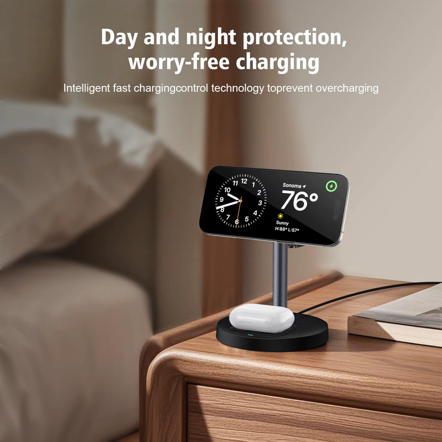 VEERNOO 3-in-1 Magnetisches Kabelloses Ladegerät in Weiß, 15 W Schneller Ladeständer für iPhone 12–16-Serie, iWatch und AirPods mit einstellbarem Winkel - Bild 2