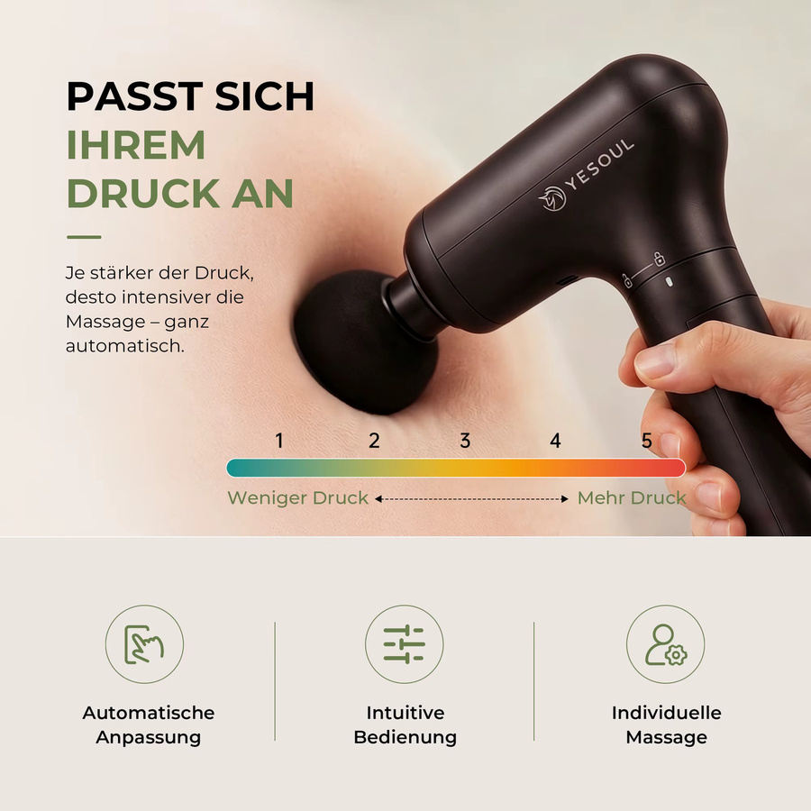 YESOUL MG19 Tiefenmassagegerät in Schwarz mit intelligenter Drucksensor-Anzeige, 5 Geschwindigkeitsstufen, 4 Massageköpfen und USB-C Aufladung zur Muskelentspannung für Rücken, Schultern und Beine - Bild 3