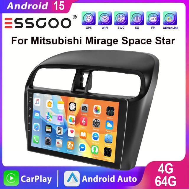 ESSGOO Android 15 Autoradio mit 9 Zoll Touchscreen für Mitsubishi Mirage Space Star 2012-2018, kabelloses Apple CarPlay und Android Auto, GPS, WLAN, Bluetooth und Spiegel Link, Schwarz - Bild 1